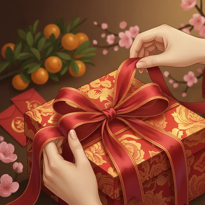 Bàn chuẩn bị nguyên liệu gói quà Tết với ruy băng, nơ vải, giấy gói, kéo, và phụ kiện trang trí.