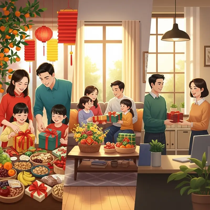 Bố cục quà Tết healthy hiện đại với hạt dinh dưỡng, trà thảo mộc và trái cây tươi cao cấp.