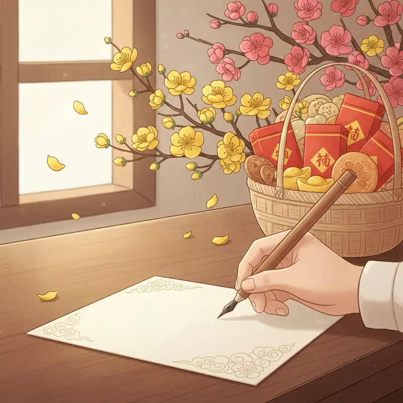 Giỏ quà Tết sang trọng cùng thiệp và lời chúc mang ý nghĩa gắn kết.