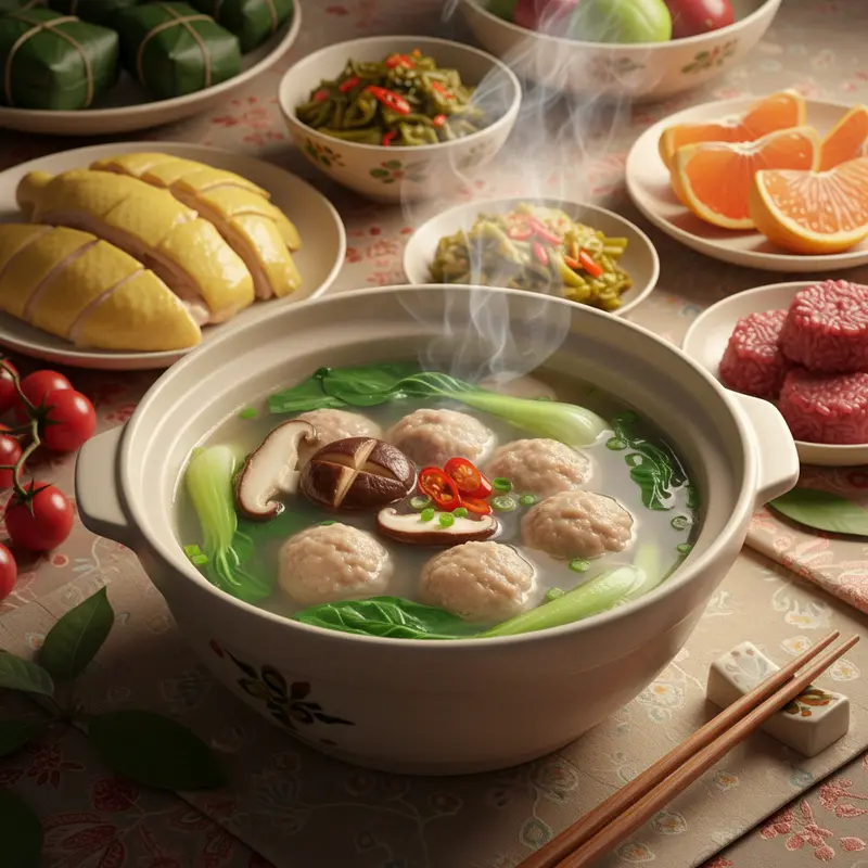 Mâm cơm ngày Tết với các món canh và ăn kèm giúp giải ngán, cân bằng bữa ăn.