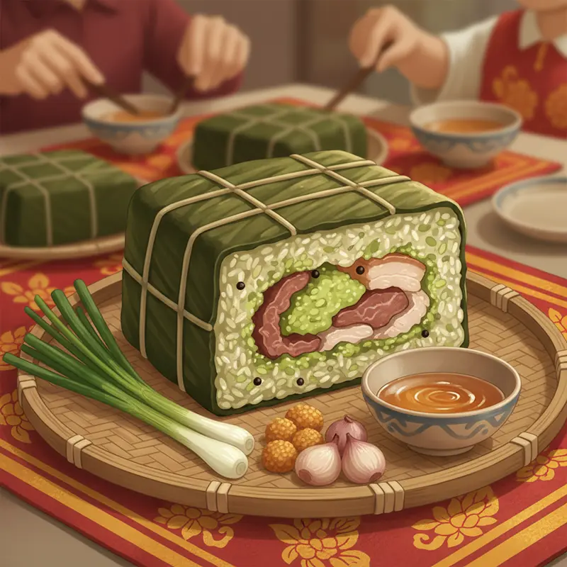 Gia đình sum vầy bên mâm cỗ Tết với bánh chưng và bánh tét