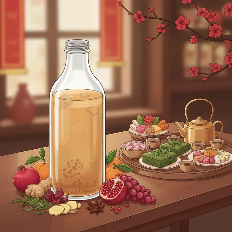 Bàn tiệc Tết cùng dưa món và kombucha bổ trợ tiêu hóa.