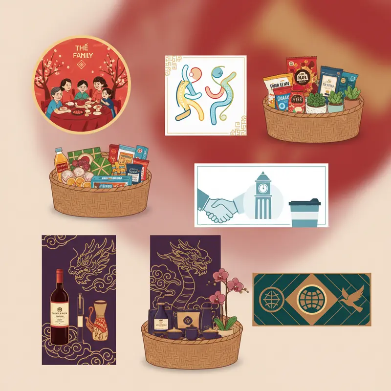 Giỏ quà Tết sang trọng cùng thiệp và lời chúc mang ý nghĩa gắn kết.