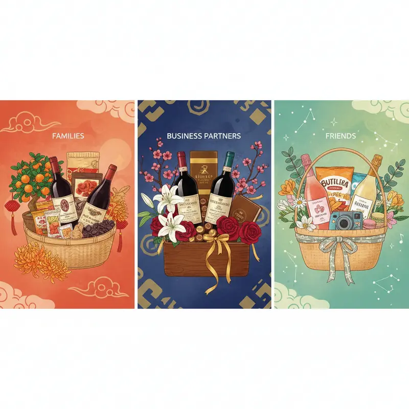 Giỏ quà Tết sang trọng với rượu vang đỏ, vang trắng và hoa đào.