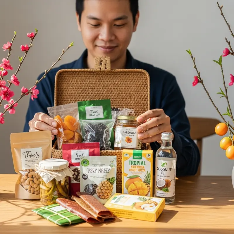 Giỏ quà Tết healthy gồm hoa quả tươi, hạt dinh dưỡng, trà và mật ong, bày trí theo phong cách truyền thống Việt Nam.