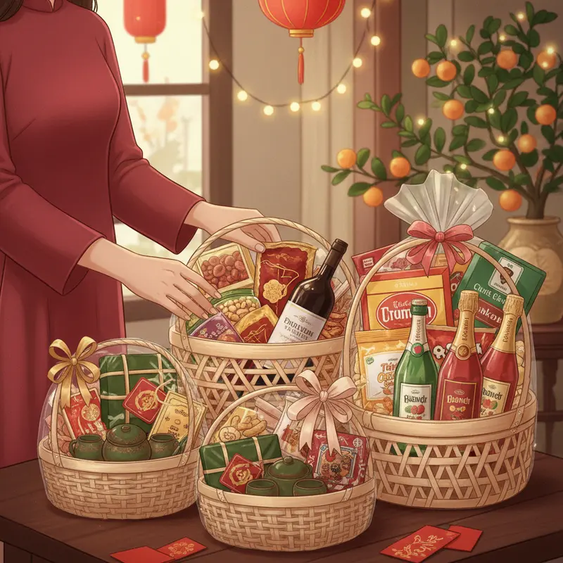 Giỏ quà Tết truyền thống mang đậm ý nghĩa đoàn viên và chúc phúc.