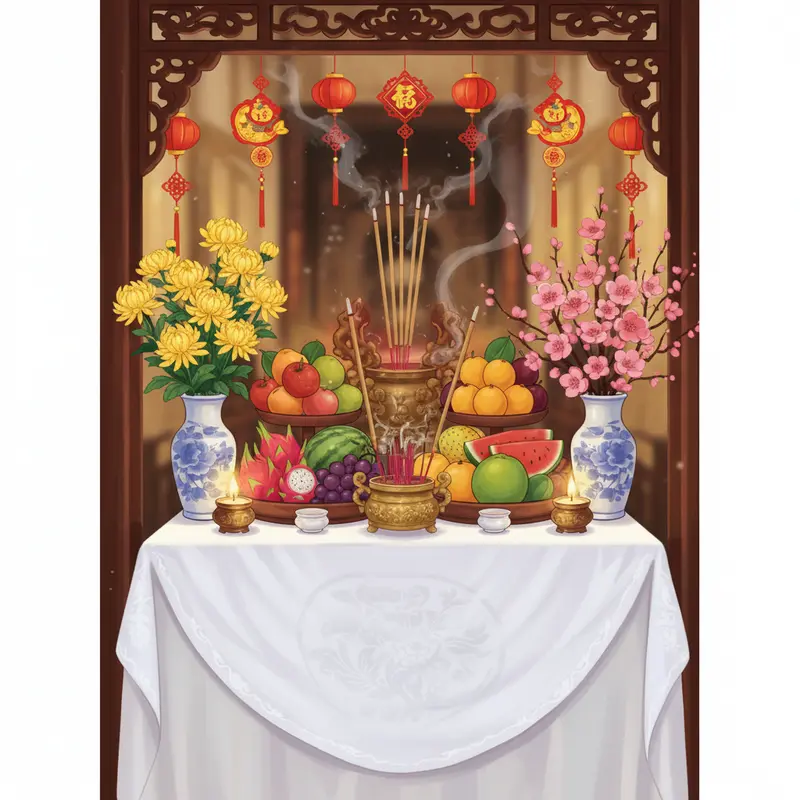 Gia đình sum vầy bên bàn thờ tổ tiên, làn khói hương kết nối ba thế hệ vào dịp Tết.