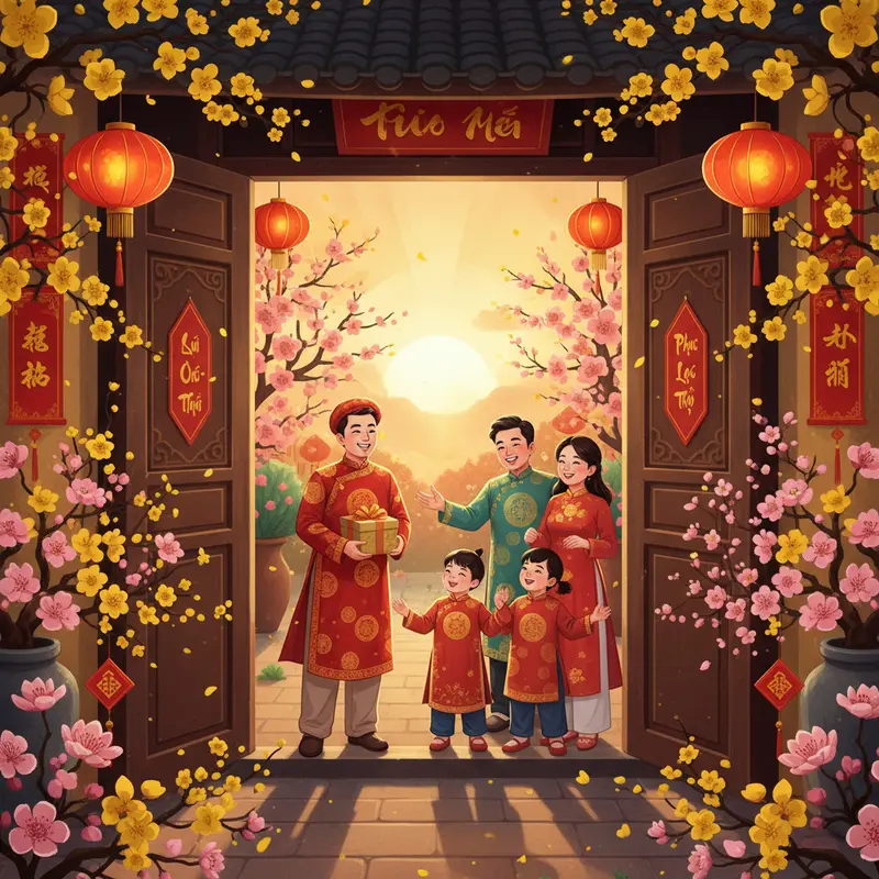 Gia đình Việt mở cửa đón khách xông đất, hoa mai đào, đèn lồng đỏ, sáng đầu năm mới.