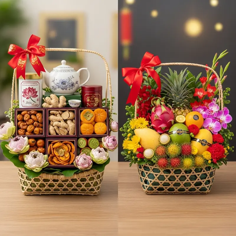 Giỏ quà Tết healthy gồm hoa quả tươi, hạt dinh dưỡng, trà và mật ong, bày trí theo phong cách truyền thống Việt Nam.