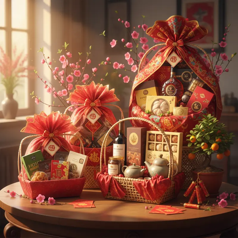 Bàn trưng bày nhiều giỏ quà Tết ở các mức giá khác nhau, khung cảnh sang trọng và ấm áp.