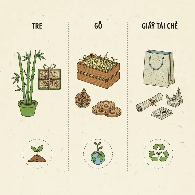 Quà Tết gói bằng tre, gỗ và giấy tái chế trên bàn truyền thống.