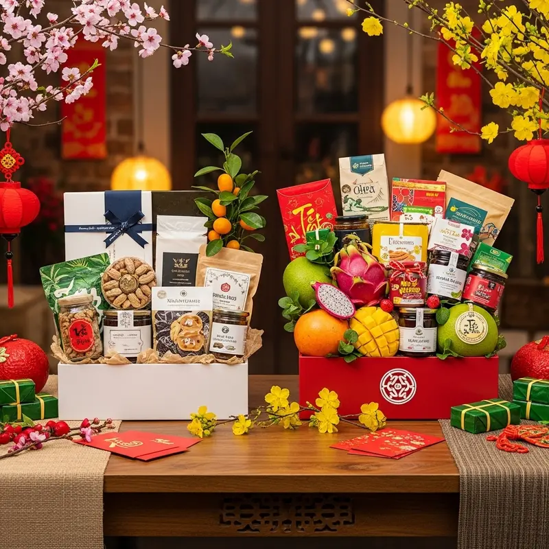 Hai giỏ quà Tết healthy đối lập: một theo phong cách Bắc thanh lịch, một theo phong cách Nam rực rỡ, có hoa xuân điểm xuyết.