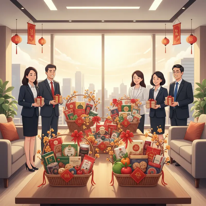 Giỏ quà Tết đẹp, nhiều đặc sản, không rượu vang trong phòng làm việc doanh nghiệp hiện đại.