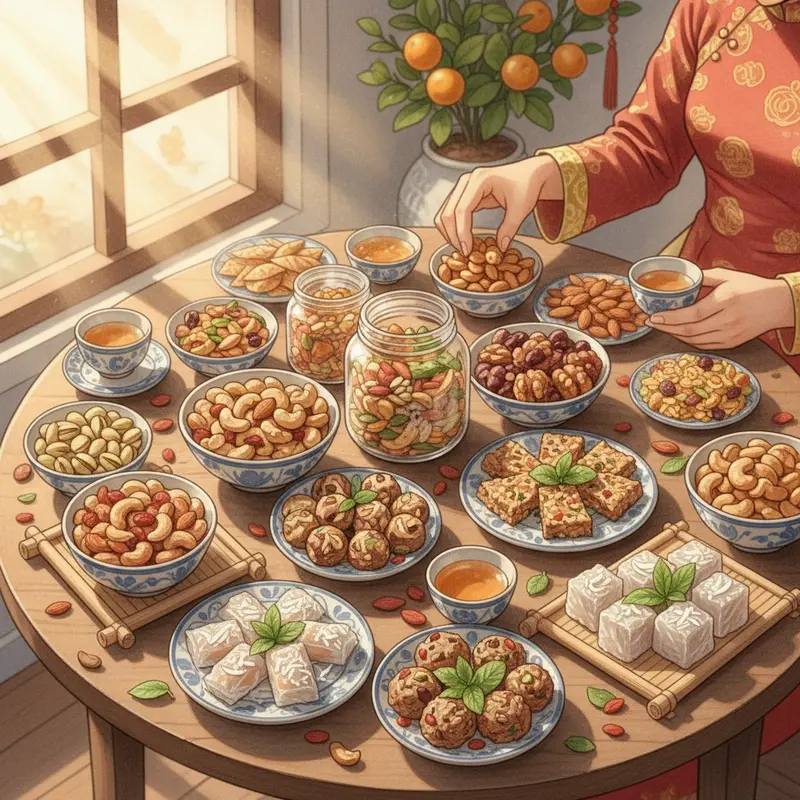 Bàn tiệc với nhiều đĩa đồ ăn vặt lành mạnh từ các loại hạt ngày Tết.