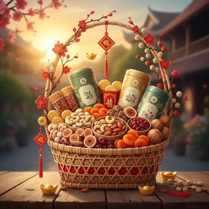 Hình ảnh chân thực giỏ quà Tết với hạt dinh dưỡng, trái cây khô, trà thảo mộc bày trí đẹp mắt.