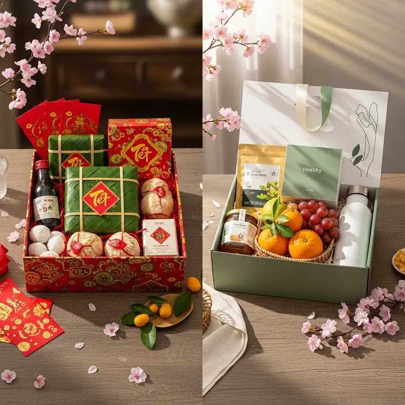 Hình ảnh hai hộp quà Tết kiểu truyền thống và healthy trên bàn cùng hoa xuân.