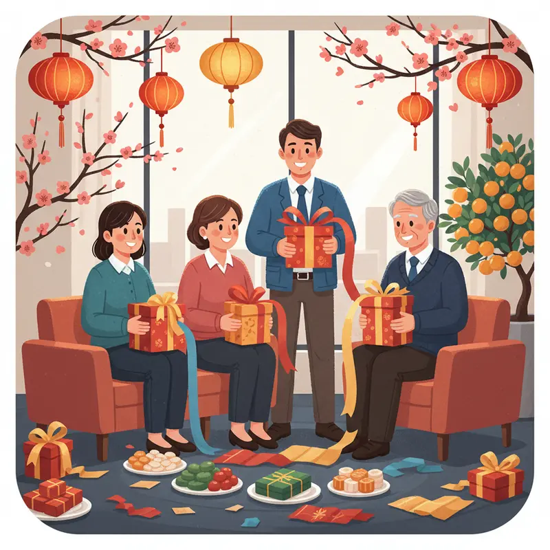 Nhân viên các cấp bậc cùng nhau mở hộp quà Tết trong không gian đậm sắc xuân Việt Nam, ánh mắt rạng rỡ.