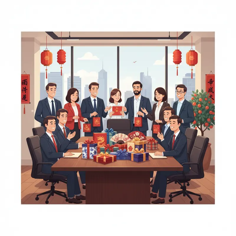 Bàn làm việc hiện đại bày hộp quà Tết nhiều phong cách với nhân viên quốc tế trong văn phòng chuyên nghiệp.