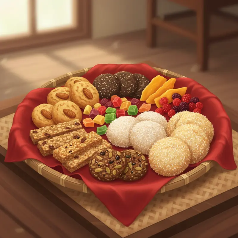 Bàn trà Tết hiện đại với các loại bánh healthy đa dạng và đẹp mắt.