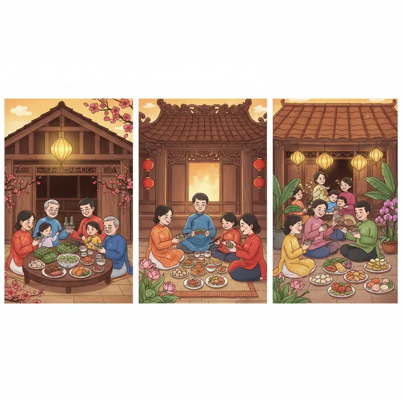 Không gian sum họp Tết ba miền với nét đặc trưng văn hóa riêng.