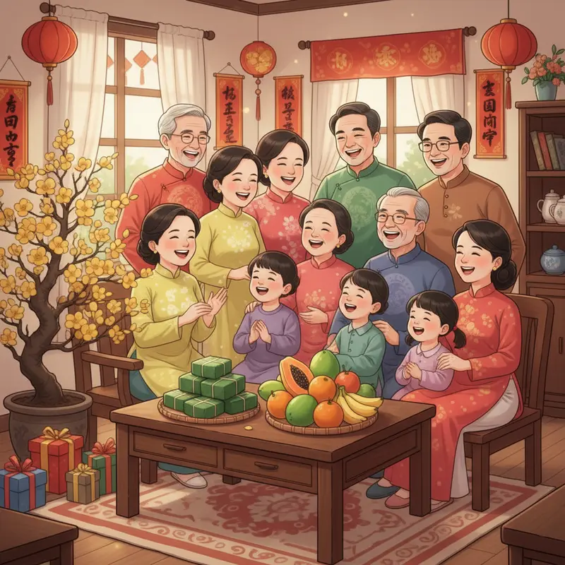 Đại gia đình quây quần bên nhau trong phòng khách ngày Tết, trang trí truyền thống, ánh sáng rực rỡ và hạnh phúc.