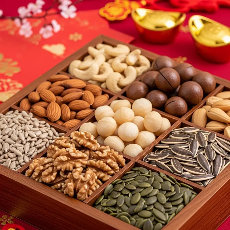 Các loại hạt dinh dưỡng đa dạng và tươi mới được bảo quản kỹ trong hộp quà cao cấp.