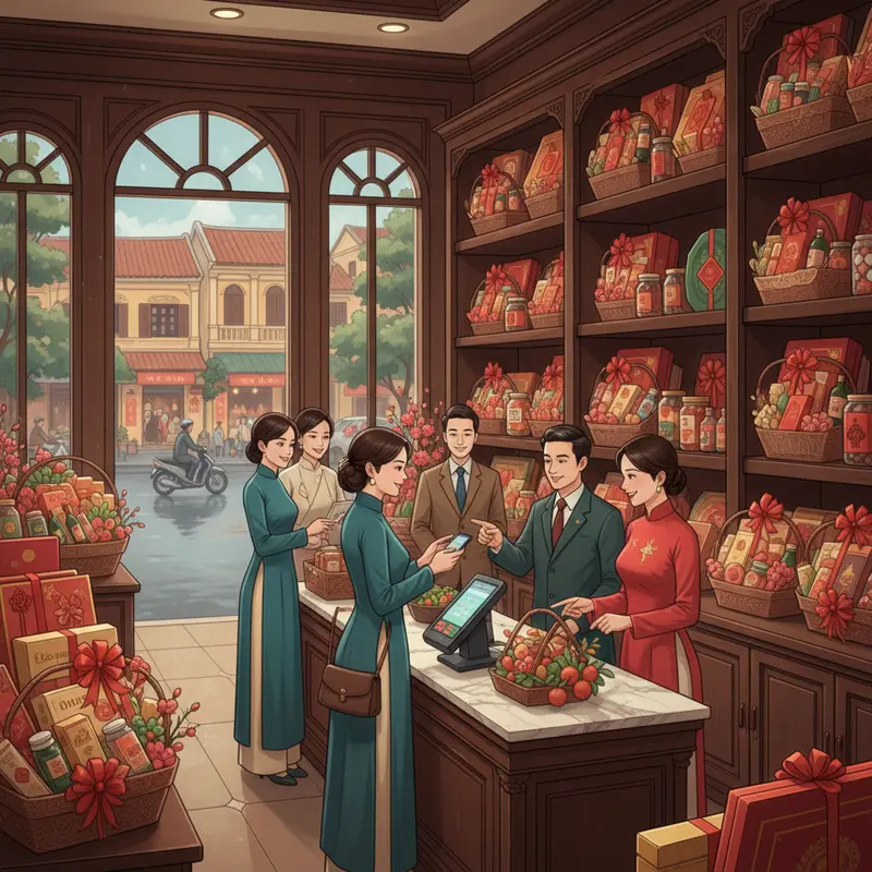 Sếp nữ nhận giỏ quà Tết sang trọng tại văn phòng.