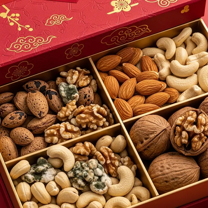 Các loại hạt dinh dưỡng đa dạng và tươi mới được bảo quản kỹ trong hộp quà cao cấp.