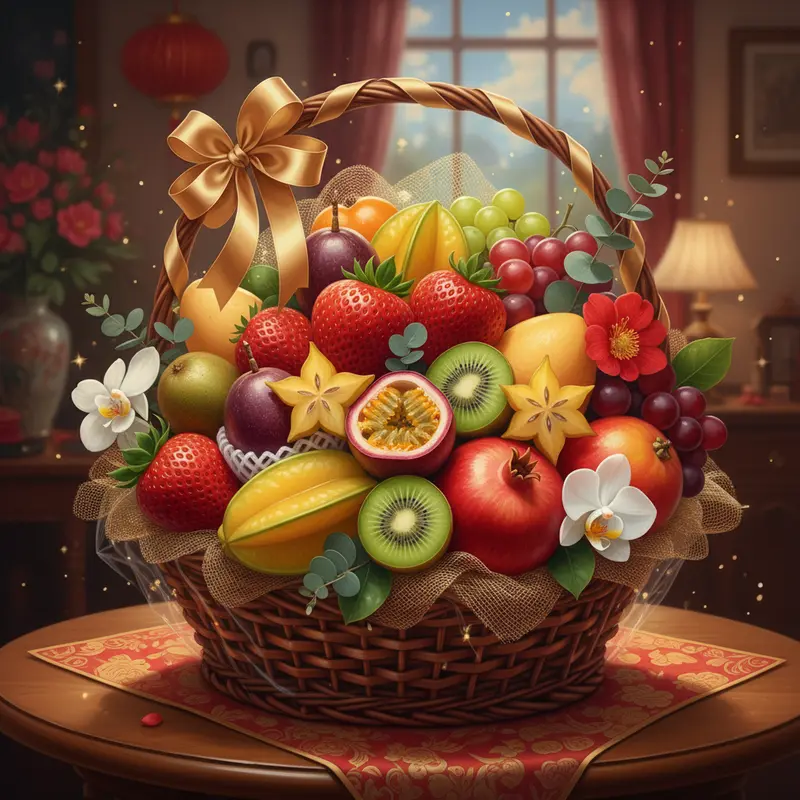 Giỏ quà Tết trái cây nhập khẩu với đa dạng trái cây cao cấp.