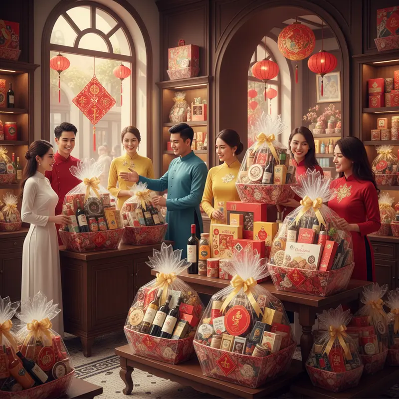 Phòng khách ngày Tết với giỏ quà nổi bật và không khí sum vầy ấm áp.