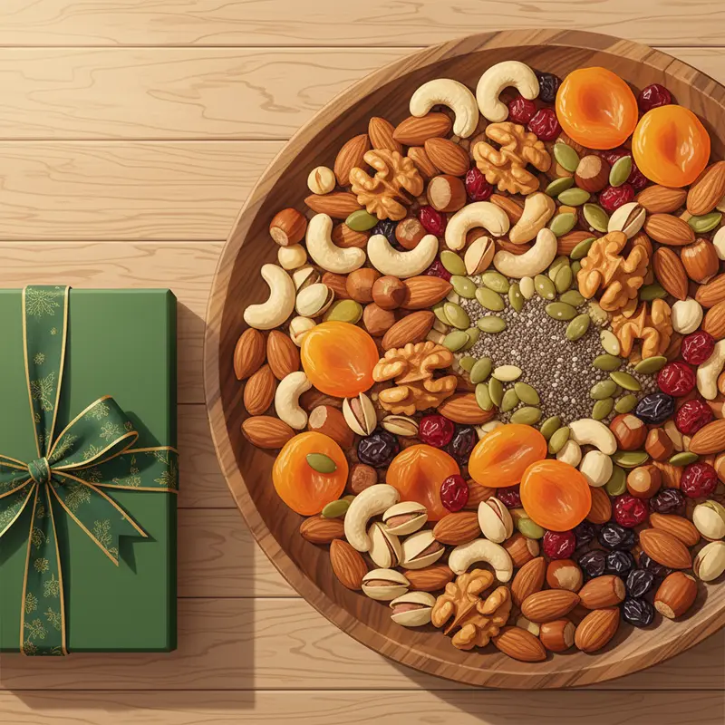 Một đĩa gồm nhiều loại hạt dinh dưỡng tươi cạnh hộp quà đẹp trên nền gỗ.