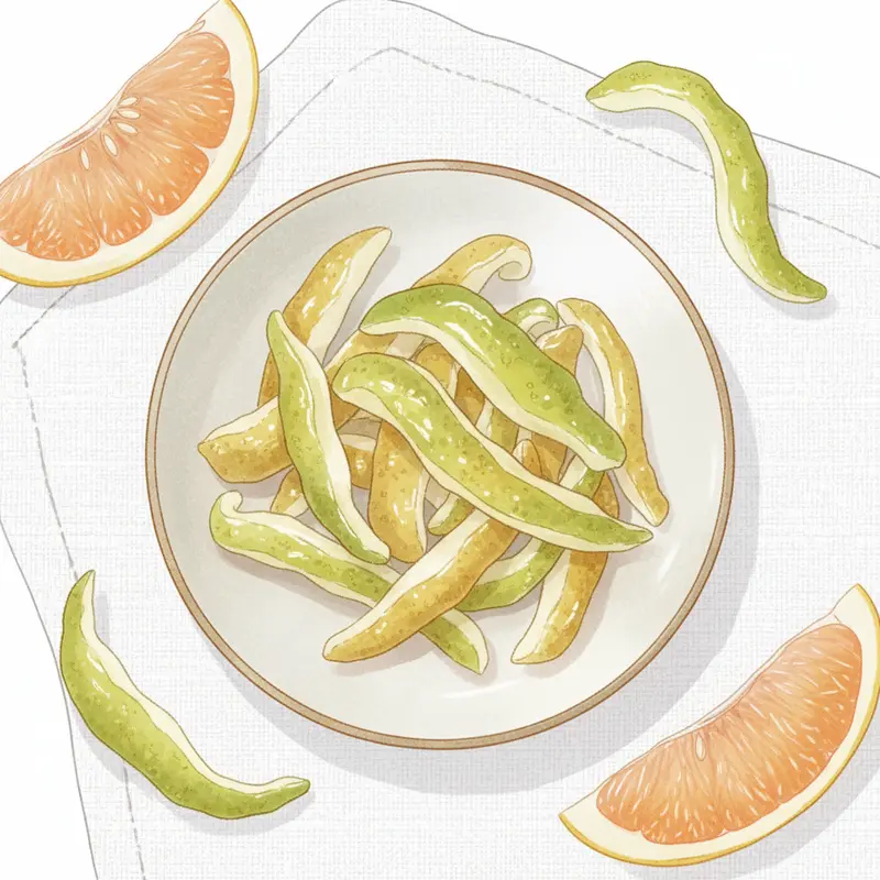 Đĩa mứt vỏ bưởi dẻo đặt trên khăn trắng, cạnh lát bưởi tươi