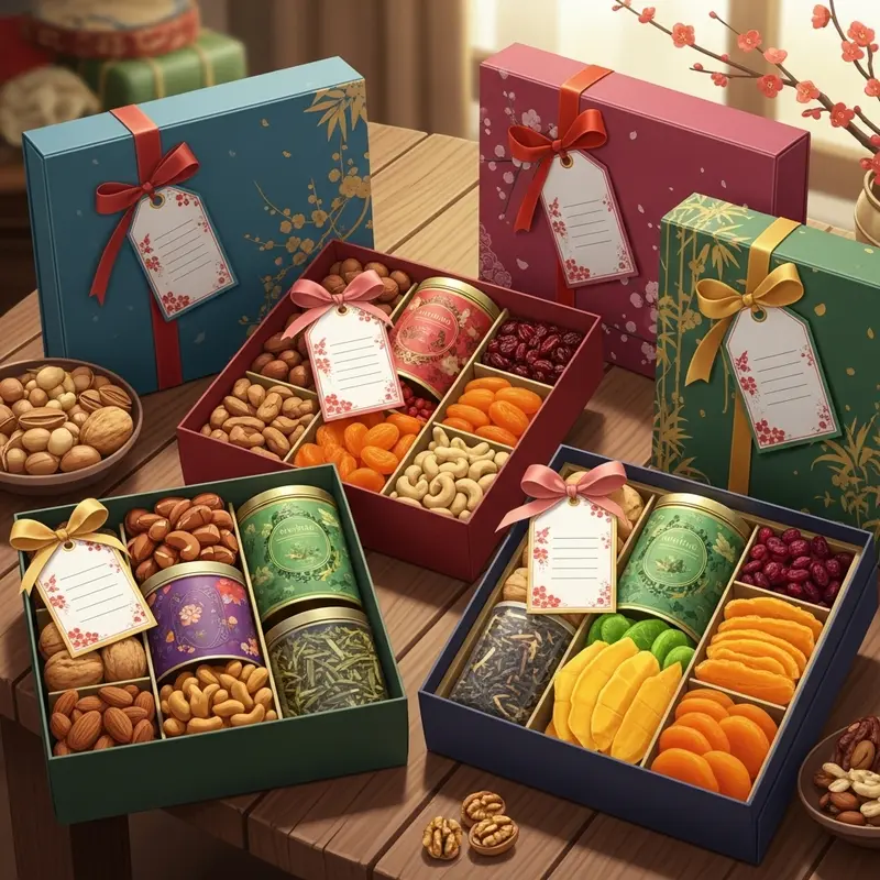 Hộp quà Tết healthy sang trọng, in logo thương hiệu nổi bật, giữa không gian hoa mai, bánh trái tươi ngon.