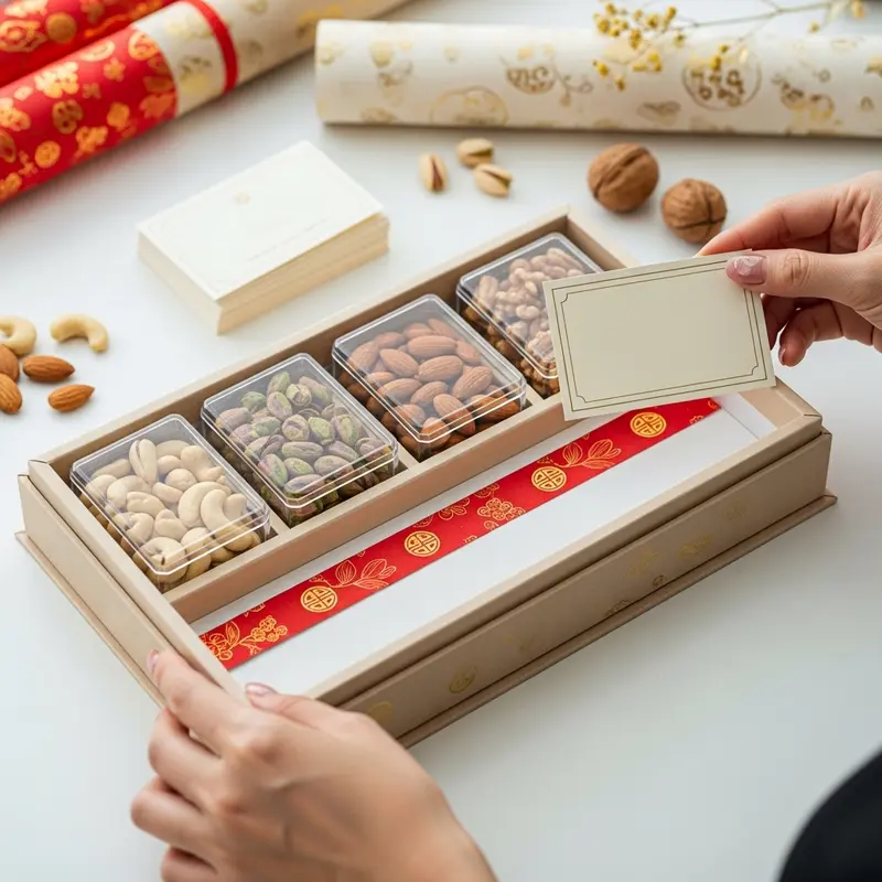 Các loại hạt dinh dưỡng đa dạng và tươi mới được bảo quản kỹ trong hộp quà cao cấp.