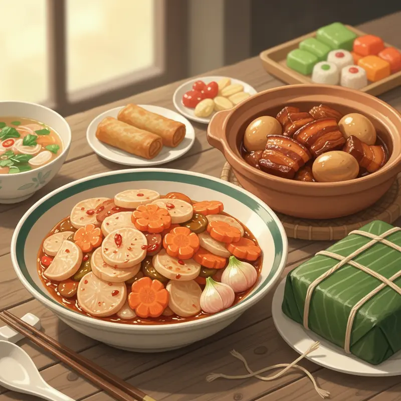 Bàn tiệc Tết cùng dưa món và kombucha bổ trợ tiêu hóa.