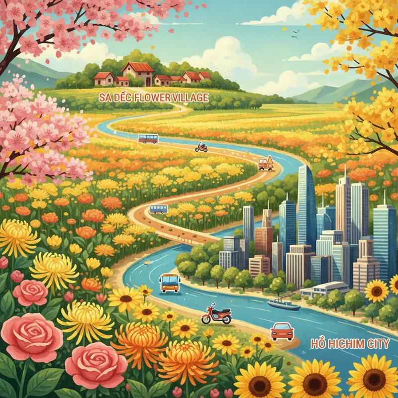 Khung cảnh làng hoa Sa Đéc vào mùa xuân với sắc hoa rực rỡ và du khách nhộn nhịp.