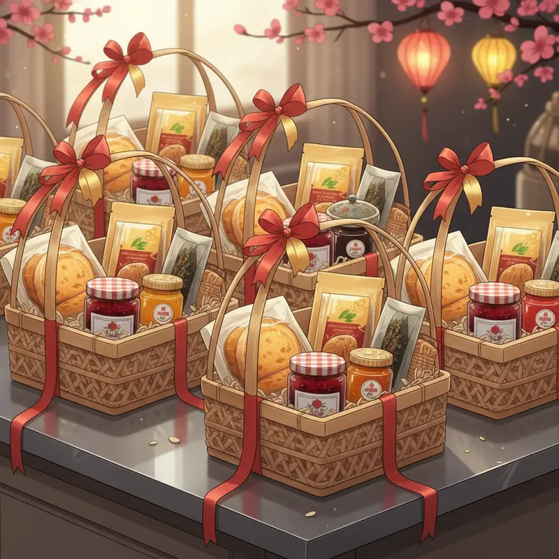 Giỏ quà Tết đẹp, nhiều đặc sản, không rượu vang trong phòng làm việc doanh nghiệp hiện đại.