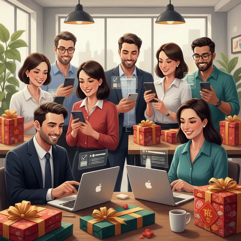 Không gian văn phòng hiện đại với các cấp bậc nhân viên nhận hộp quà Tết đa dạng.