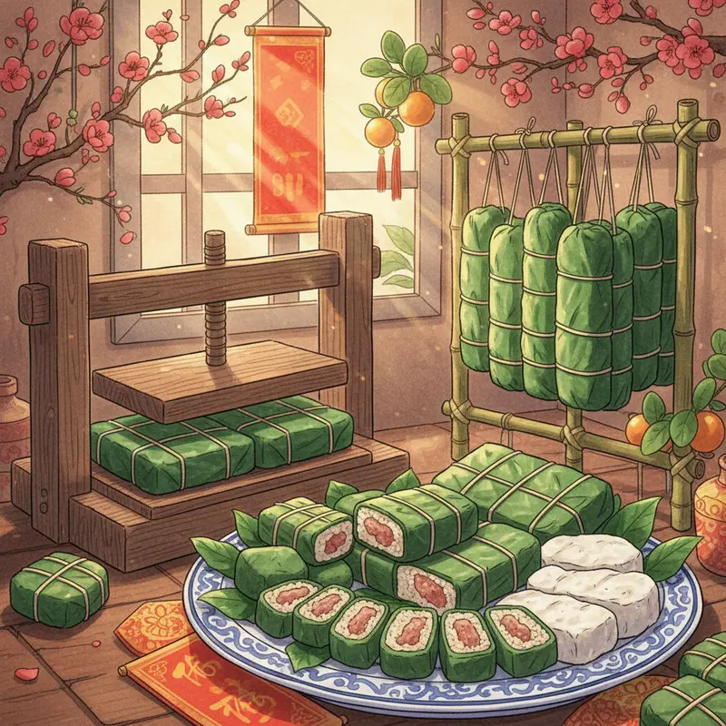 Gia đình sum vầy bên mâm cỗ Tết với bánh chưng và bánh tét