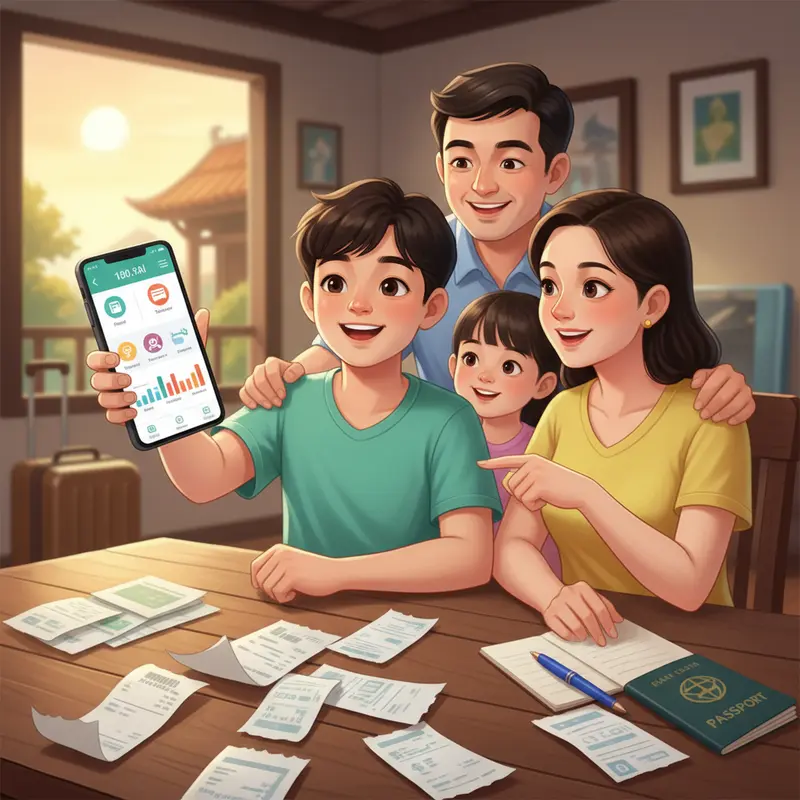 Cả gia đình ngồi cùng nhau lên kế hoạch du lịch Tết với bản đồ và laptop.