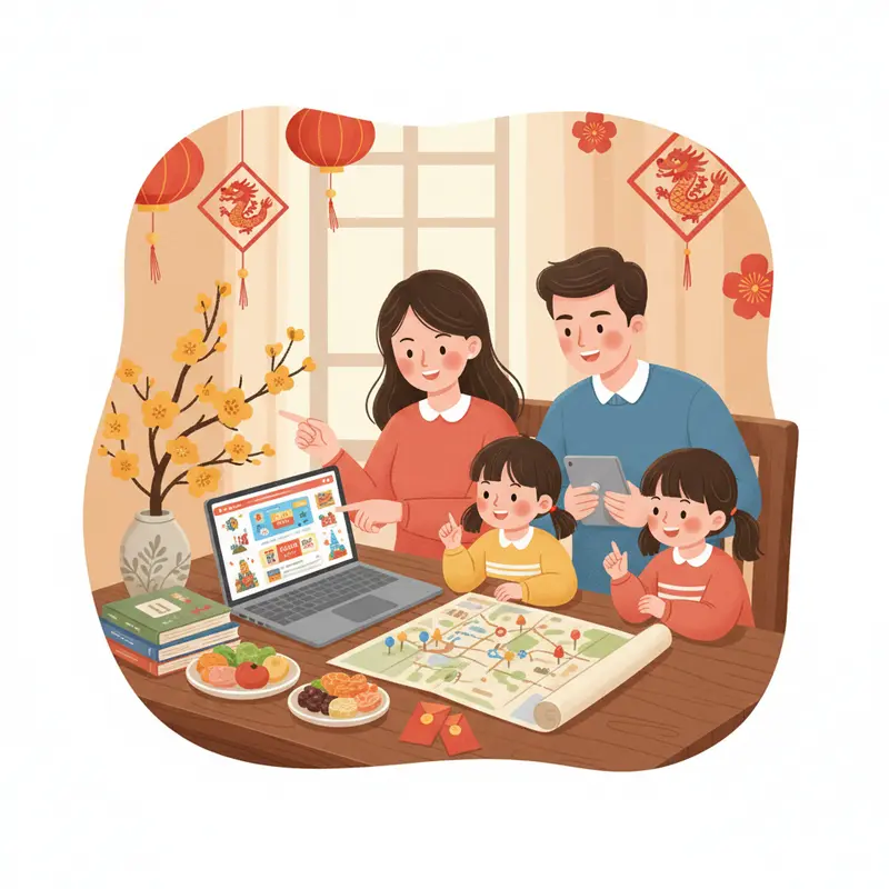 Quầy lễ tân khách sạn trang trí Tết cùng bảng báo giá phụ phí ngày lễ.