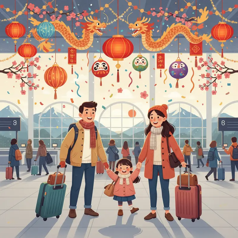 Gia đình hào hứng tại sân bay quốc tế với không khí Tết rộn ràng.