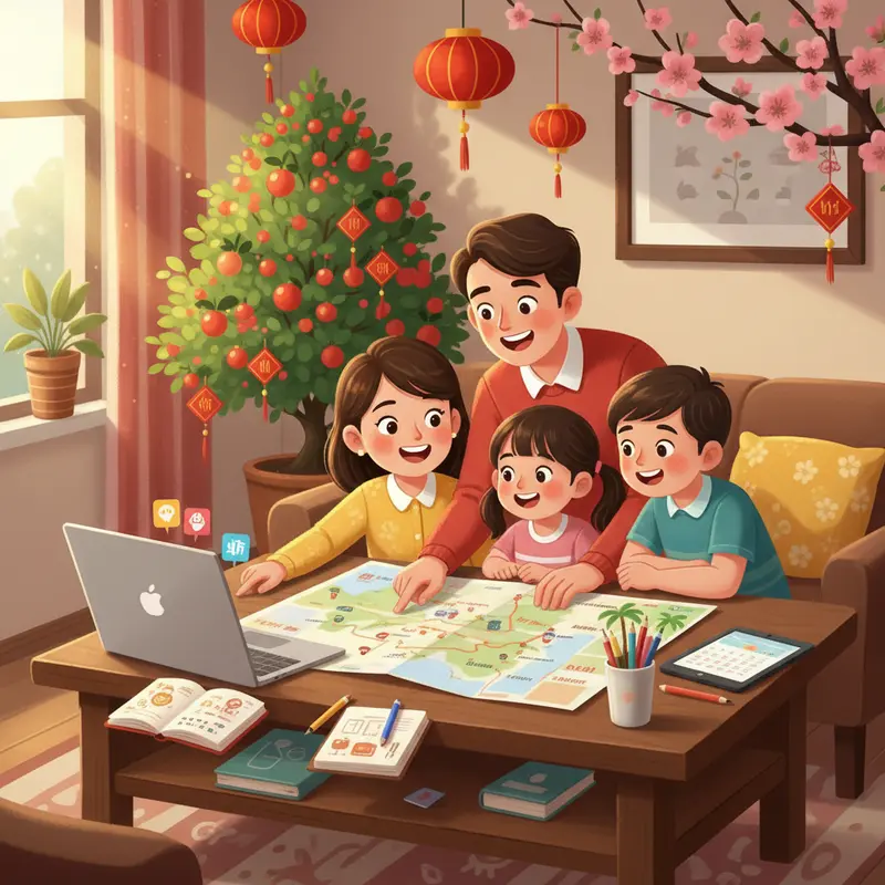 Cả gia đình ngồi cùng nhau lên kế hoạch du lịch Tết với bản đồ và laptop.