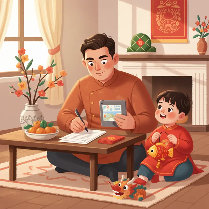 Gia đình chuẩn bị đi du lịch Tết tại sân bay, hào hứng nhưng vẫn chú trọng an toàn.