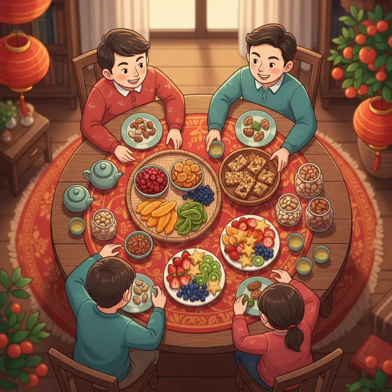 Gia đình cùng thưởng thức các món ăn vặt lành mạnh trên bàn tiệc lễ hội.