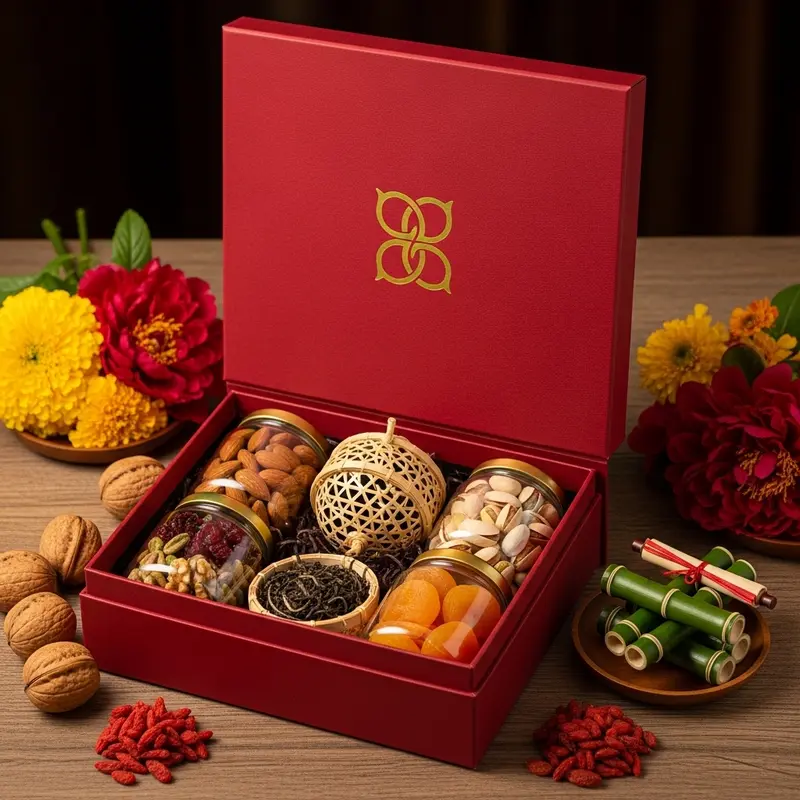 Hình hộp quà Tết vuông, logo thương hiệu mạ vàng, bên trong là các món healthy như hạt, trà, trái cây khô, bao quanh hoa Tết.