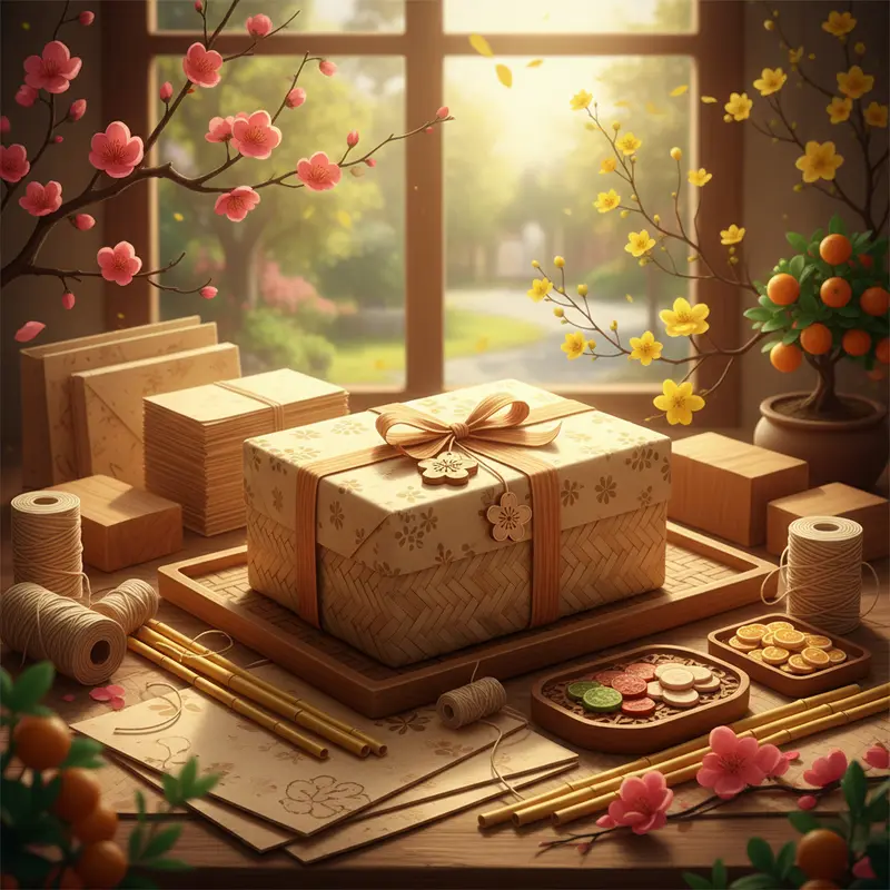 Hộp quà Tết xanh đặt cùng vật liệu tre, gỗ, giấy tái chế, hoa tươi rực rỡ.