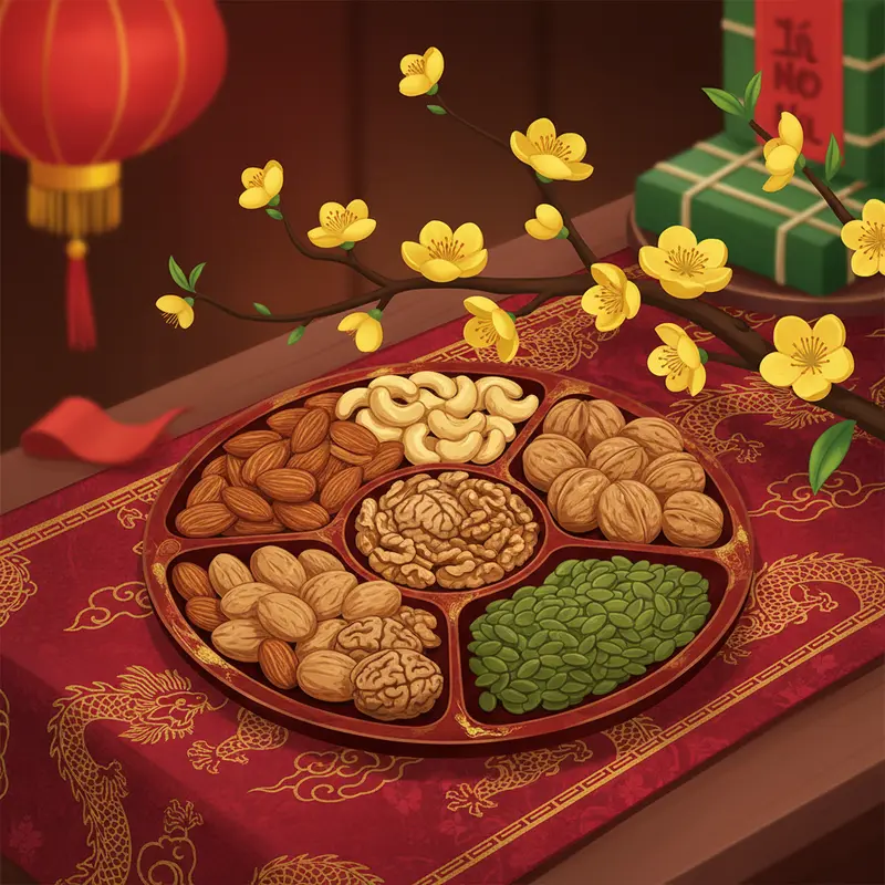 Đĩa tròn các loại hạt dinh dưỡng trên khăn bàn đỏ vàng, bên cạnh hoa đào, tạo nên không khí Tết Việt Nam.