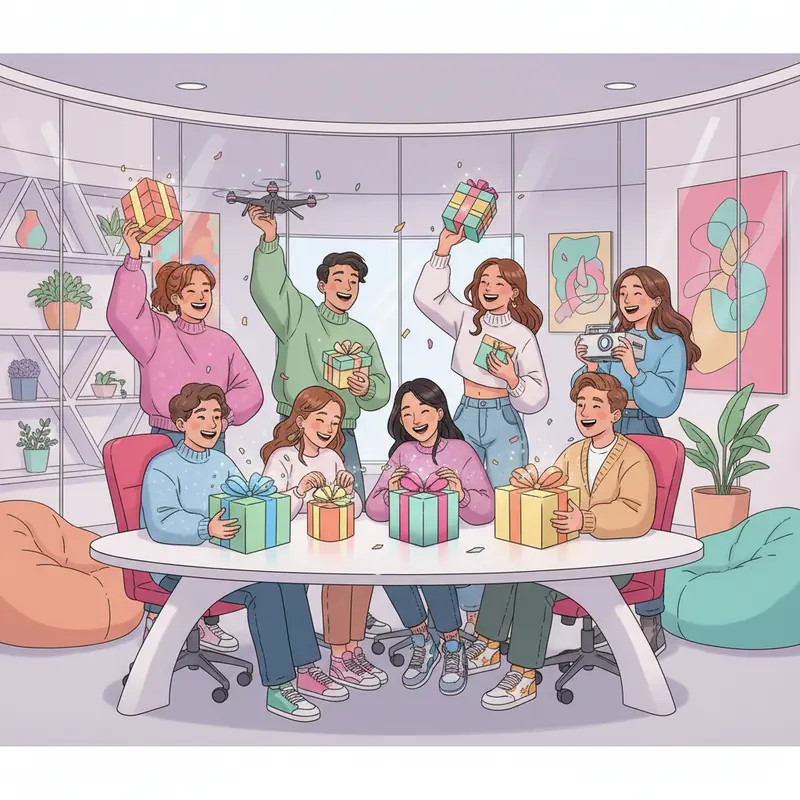 Gen Z hào hứng nhận quà Tết độc đáo trong không gian làm việc hiện đại.