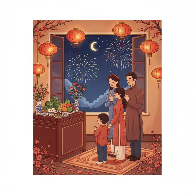 Gia đình Việt chuẩn bị nghi lễ cúng Giao Thừa trong khoảnh khắc chuyển giao năm mới.